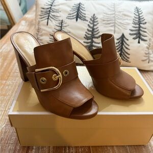 Michael Kors Tan Leather Mule Heels with Gold Accent